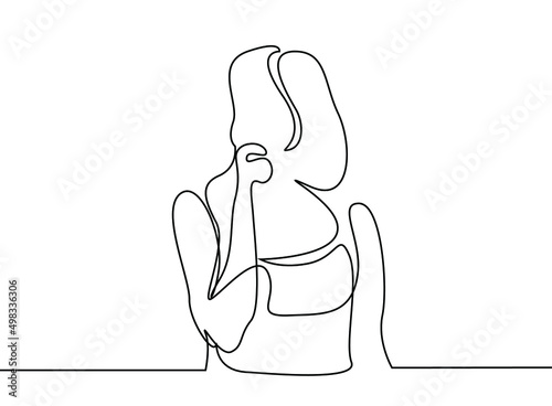 a person who sees her hand on her chin thinks deeply and tries to make a decision
