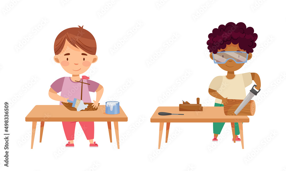 Cute boys doing carpentry work. Kids painting and sawing at craft lesson cartoon vector illustration Cute boys doing carpentry work. Kids painting and sawing at craft lesson cartoon vector illustration