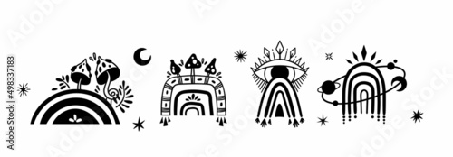 Mystical boho rainbow isolated cliparts bundle, black and white rainbow celestial collection, magic rainbow silhouette, esoteric objects vector