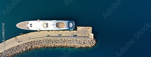 Photography Aerial drone top view ultra wide panoramic photo with copy space of luxury yacht