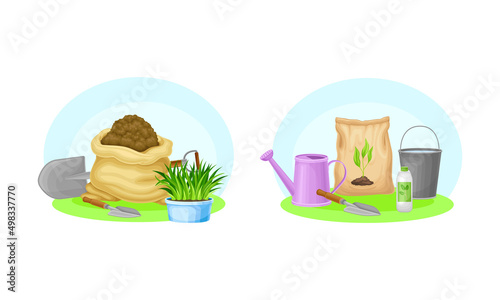 Gardening tools set. Shovel, seedlings, fertilizing, bucket, watering can, soil agricultural elements vector illustration