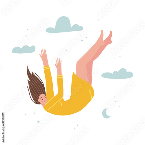 Young woman falling from sky. Female character breaks away. Metaphor concept of psychological falling down. Loss of meaning in life. Flat vector character illustration.