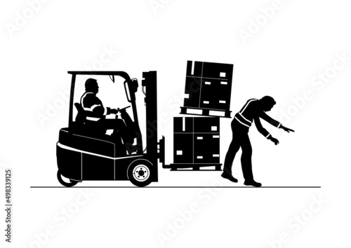 Blind spot hazard. Silhouette of forklift hitting a man. Vector.