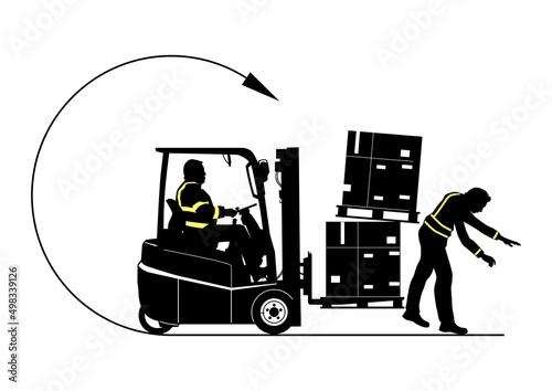 Blind spot hazard. Silhouette of forklift hitting a man. Vector.