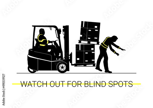 Blind spot hazard. Silhouette of forklift hitting a man. Vector.