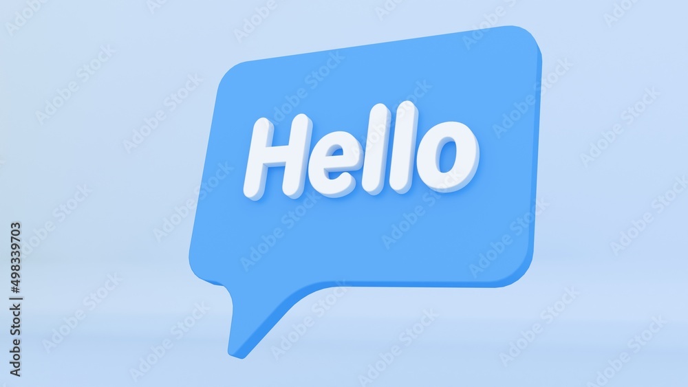 Hello speech bubble banner. Message bubble concept with text Hello, Hi. Greeting in chat. Communication concept. Cartoon design element isolated on blue background. 3D Rendering