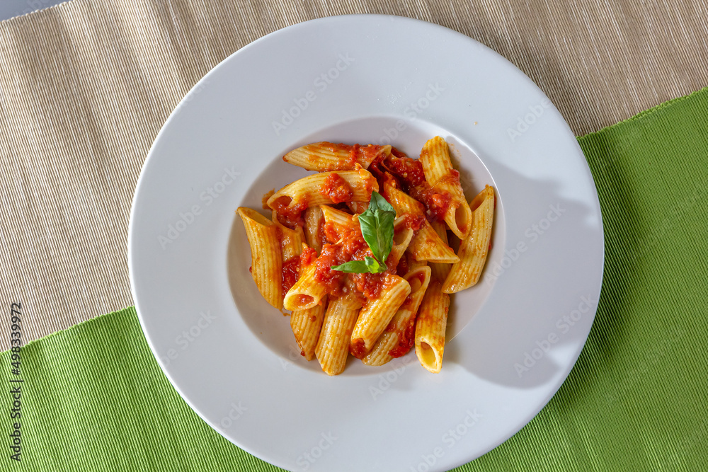 Serving of spicy savory italian penne pasta garnished with fresh basil Serving of spicy savory italian penne pasta garnished with fresh basil