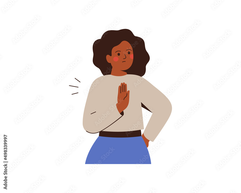 Black woman raised her hand as protest for something. African American business female stood against smth. Girl say no by gesture. Flat vector illustration isolated on white background - obrazy, fototapety, plakaty 