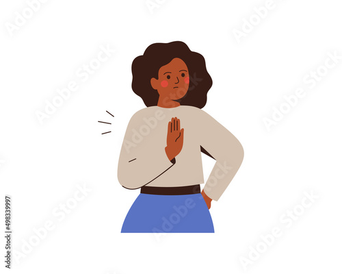 Black woman raised her hand as protest for something. African American business female stood against smth. Girl say no by gesture. Flat vector illustration isolated on white background