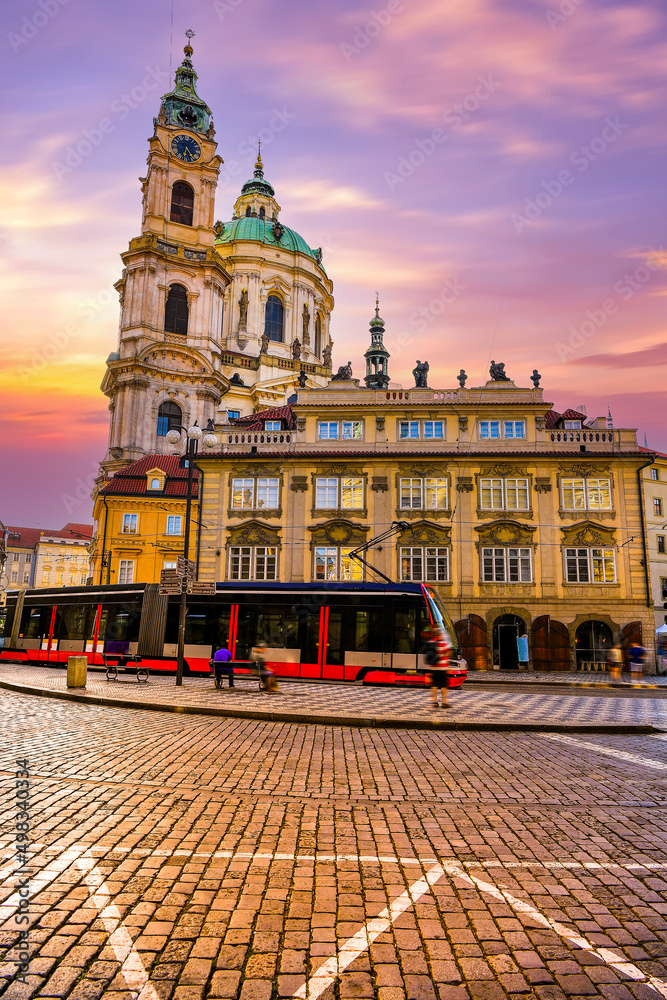 Prague city center. red tram in Prague, Czech Republic.