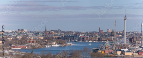 Photography Panorama view over the Stockholm down town bays with castle, amusement park, boa