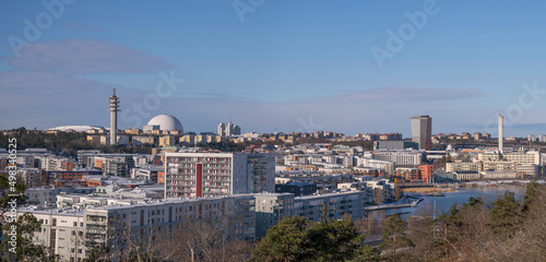 Photography Panorama view over the district Hammarby sjö with apartments and the Globen, Avi