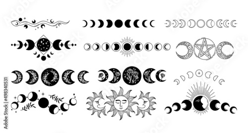 Mystical moon phases isolated cliparts bundle, celestial magic boho moon collection, Phase of the Moon set, silhouettes of luna, esoteric objects - black and white vector photo