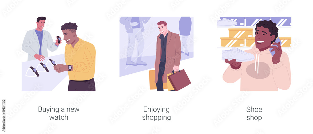 Enjoying shopping isolated cartoon vector illustrations set. Enjoying shopping isolated cartoon vector illustrations set.