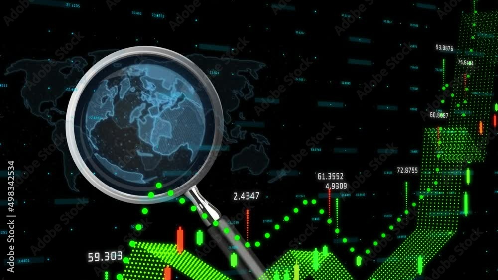 Animation of world map and magnifying glass over financial data processing Animation of world map and magnifying glass over financial data processing