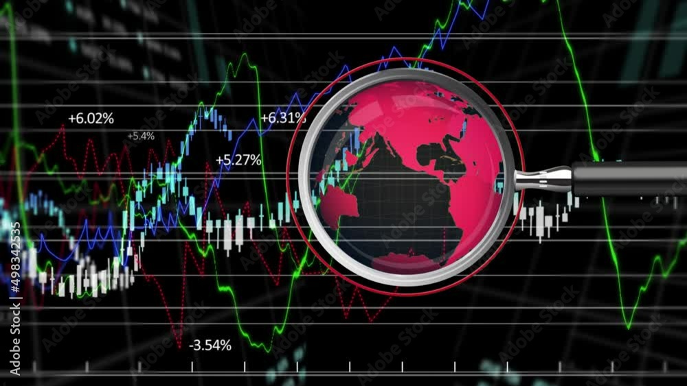 Animation of world map and magnifying glass over financial data processing Animation of world map and magnifying glass over financial data processing