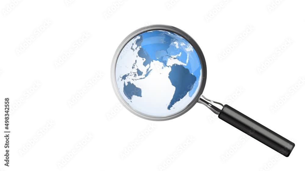 Animation of world map and magnifying glass over white background Animation of world map and magnifying glass over white background
