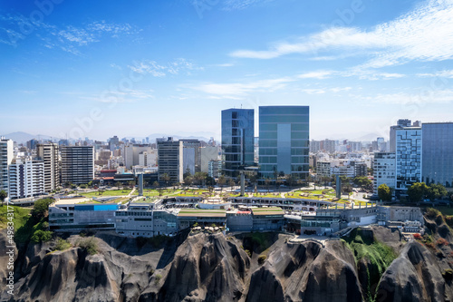 LIMA, PERU - MAR 15:  The Larcomar Shopping Center in Lima, Peru, on March 15, 2022.  The shopping mall is known for its cliffside integration design and its high end shops. photo