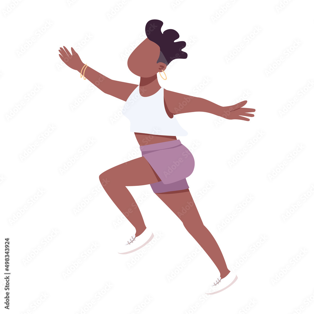 Carefree girl jumping for joy semi flat color vector character. Jumping figure. Positive emotion. Full body person on white. Simple cartoon style illustration for web graphic design and animation