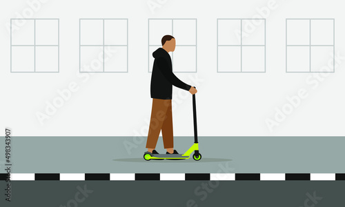 Male character with stunt scooter on the sidewalk