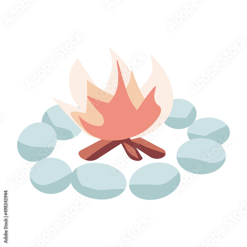Campfire surrounded by stones semi flat color vector object. Encampment. Camping trip. Full sized item on white. Simple cartoon style illustration for web graphic design and animation