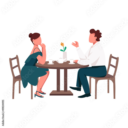 Couple on on romantic dinner date semi flat color vector characters. Sitting figures. Full body people on white. Simple cartoon style illustration for web graphic design and animation