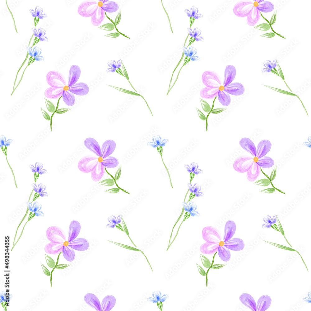 Seamless floral hand drawn pattern on white background pink and blue hand drawn flowers for wallpaper design, wrapping paper, textile