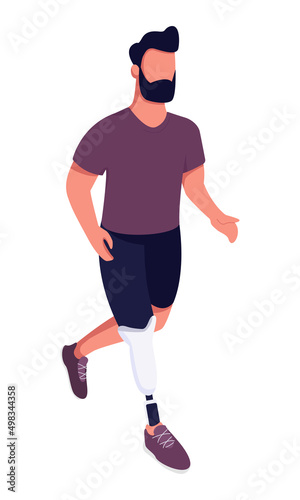 Active man jogging with prosthetic leg semi flat color vector character. Running figure. Full body person on white. Simple cartoon style illustration for web graphic design and animation