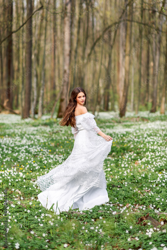 girl in a white long dress is spinning in a clearing with flowers. A young woman with long hair in a spring forest.