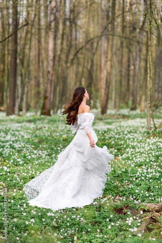 girl in a white long dress is spinning in a clearing with flowers. A young woman in the spring forest.