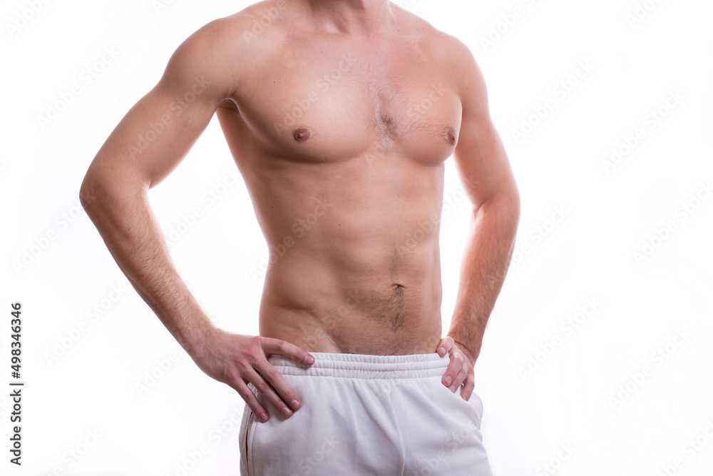 body of a young caucasian male athletic naked to the waist isolated on white background