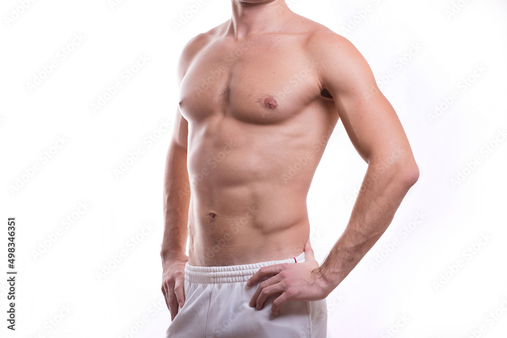 body of a young caucasian male athletic naked to the waist isolated on white background