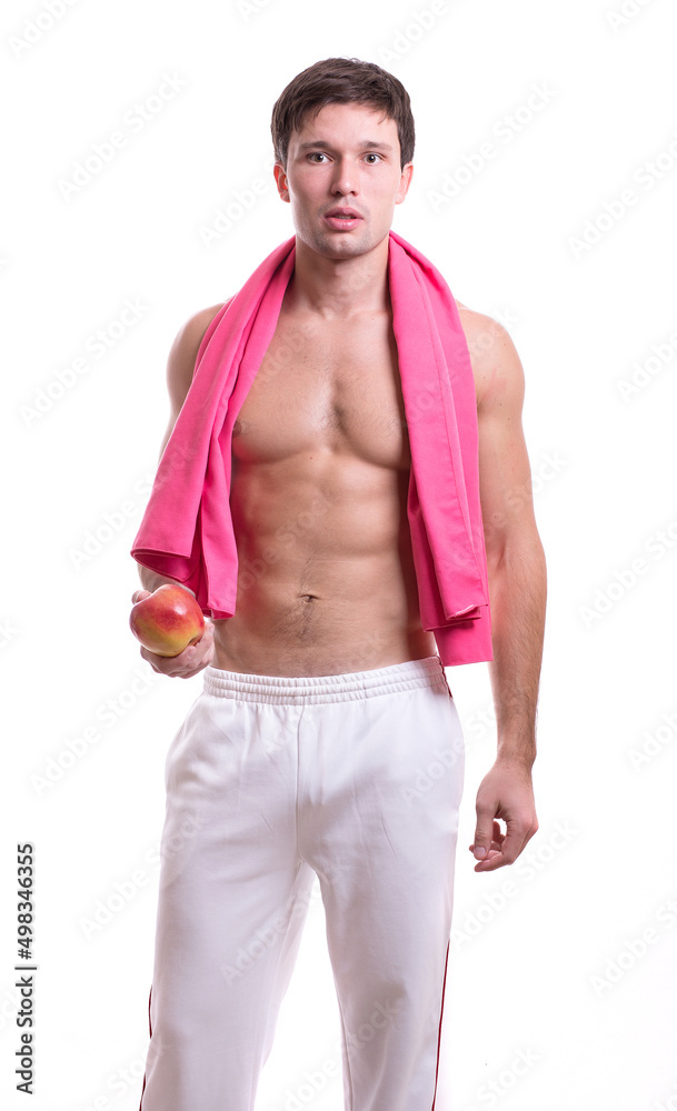 Fototapeta premium body of a young caucasian male athletic naked to the waist isolated on white background