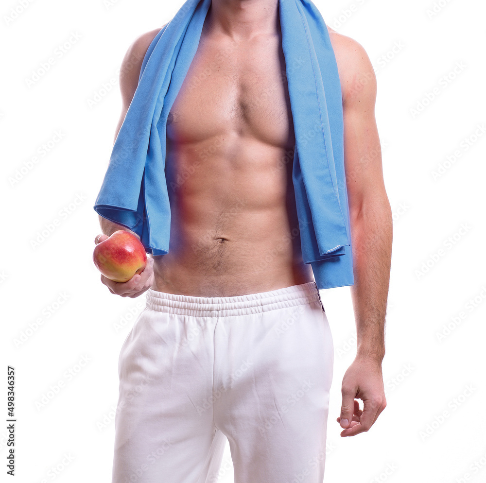 body of a young caucasian male athletic naked to the waist isolated on white background