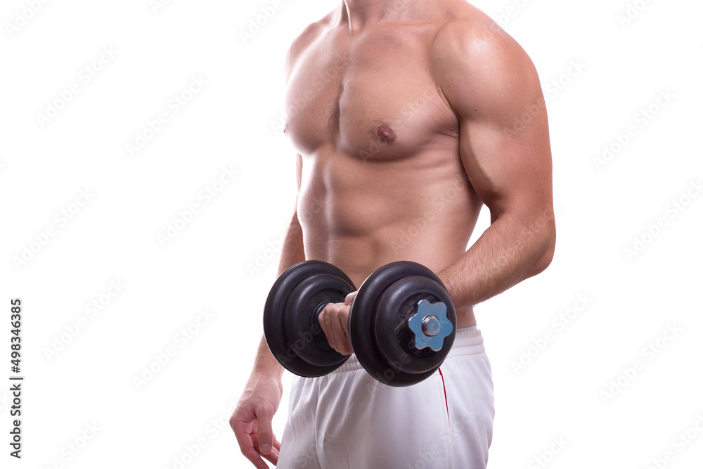 body of a young caucasian male athletic naked to the waist isolated on white background holding a heavy dumbbell