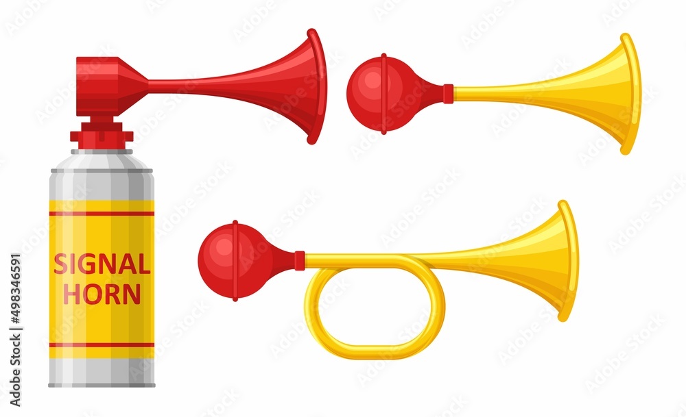Vecteur Stock Signal horn set isolated on white background. Air horn, sound  signal. Rubber bike klaxon trumpet. Vector illustration