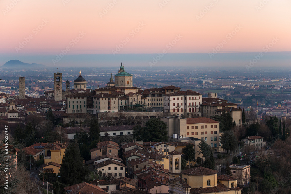 Aerial view postcard upper town Bergamo sunset