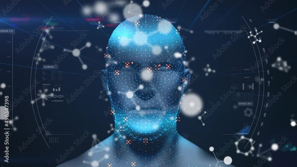 Animation of digital head and data processing on blue background Animation of digital head and data processing on blue background