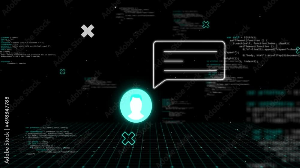 Animation of shapes and social media alert with user icon over black background