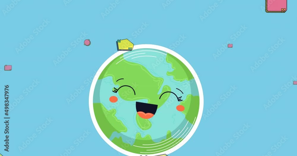 Animation of quotation bubbles floating over happy cartoon earth on blue background Animation of quotation bubbles floating over happy cartoon earth on blue background