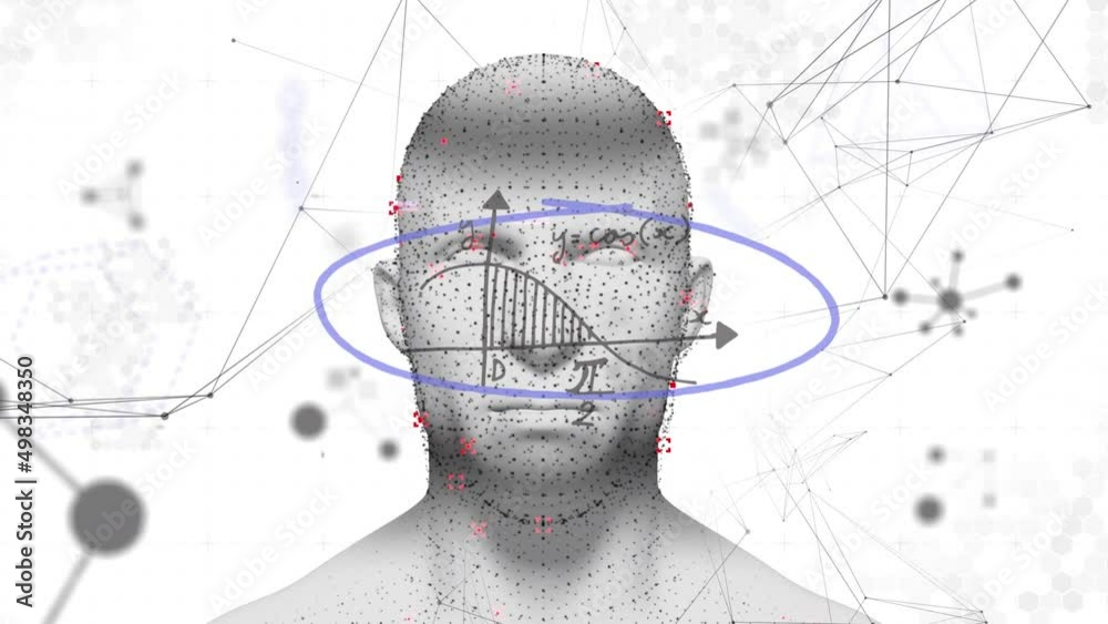 Animation of digital head and shapes on white background Animation of digital head and shapes on white background