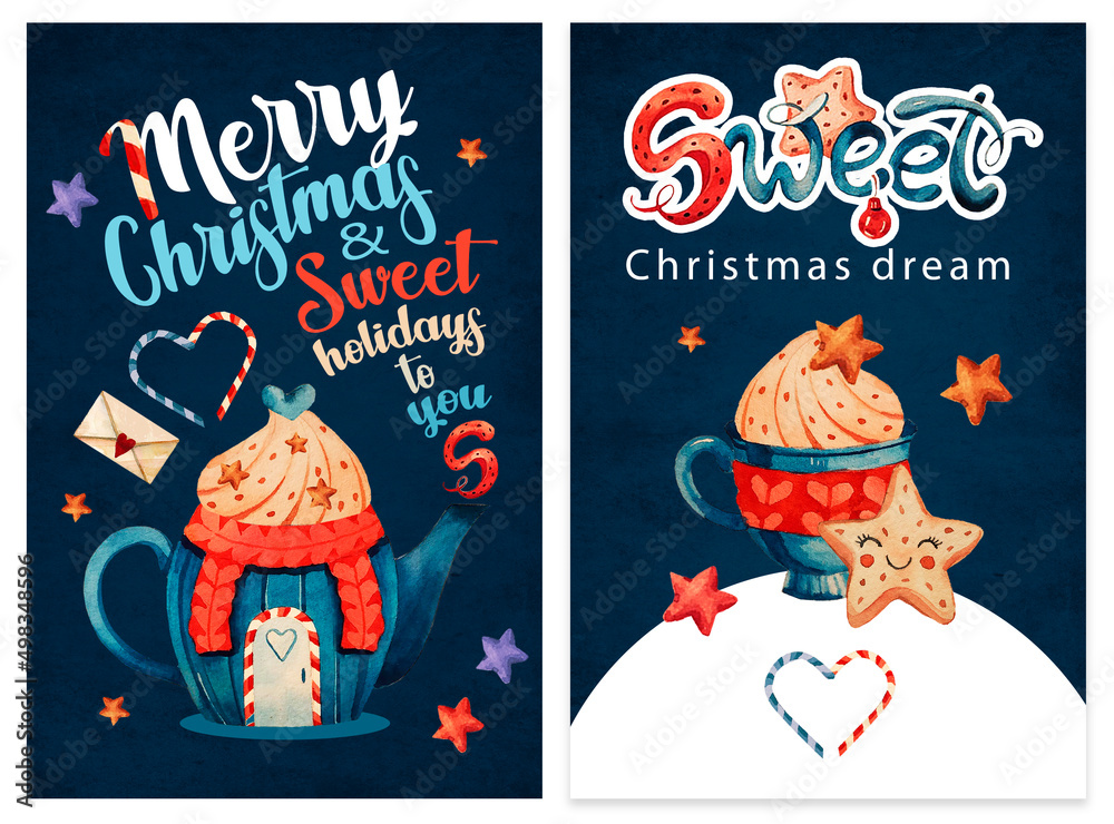 Fototapeta premium Christmas watercolor cards. Cozy new year. Tea set for Christmas.