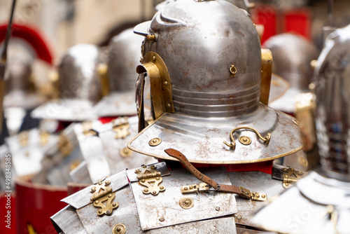 Photography roman soldiers in a historical reenactment in easter