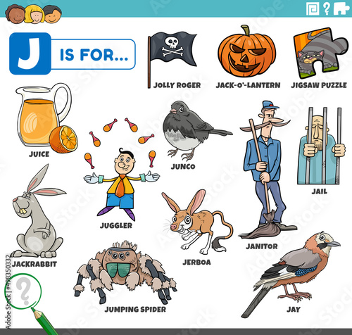 letter j words educational set with cartoon characters