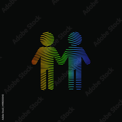 Dynamic line wave LGBTQ+ sexual identity pride concept. Rainbow colors male and male symbol on black background