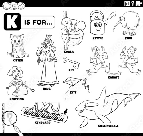 letter k words educational set coloring book page