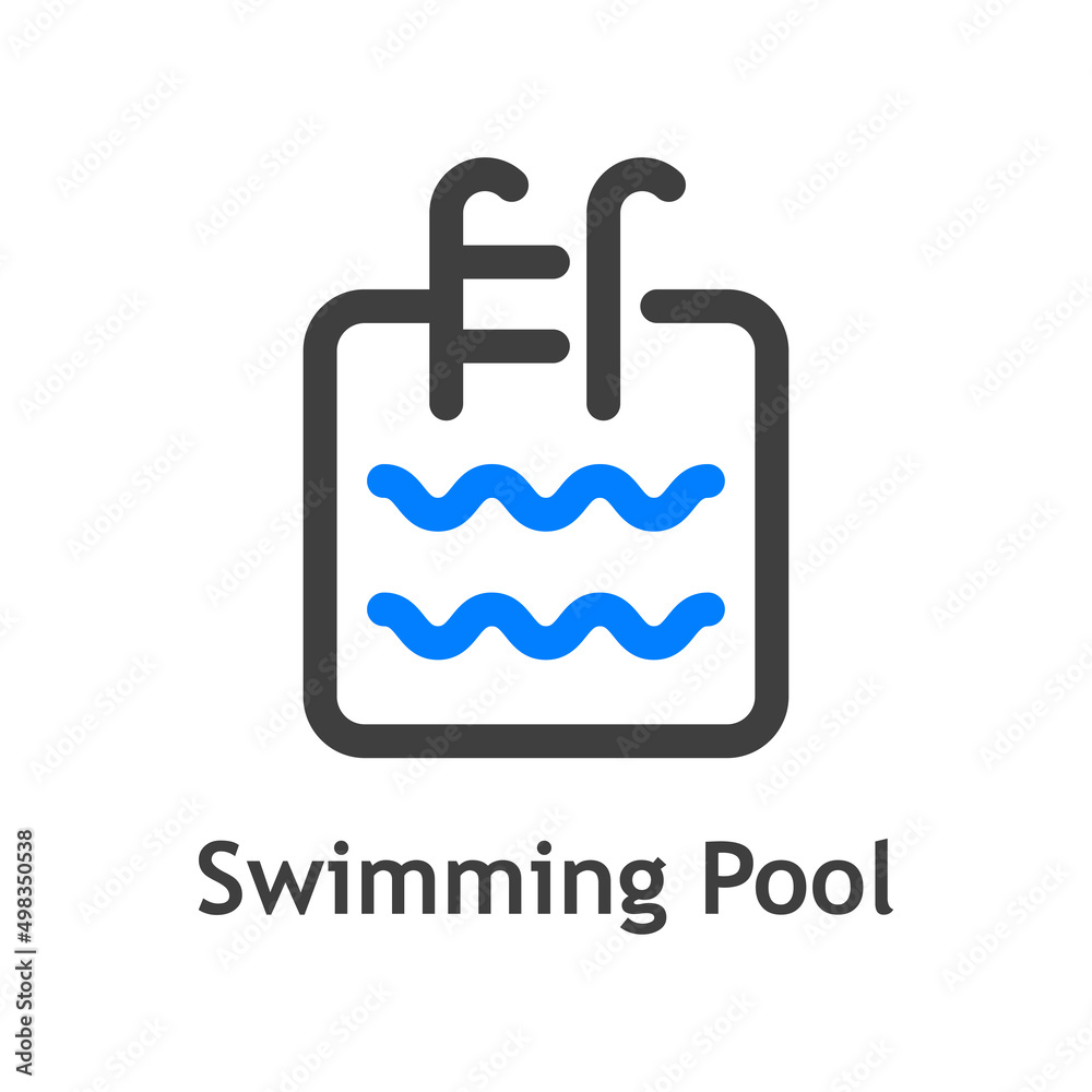 Logo con texto Swimming Pool. Icono plano con silueta de piscina de forma de cuadrado con olas con líneas en color azul y gris Logo con texto Swimming Pool. Icono plano con silueta de piscina de forma de cuadrado con olas con líneas en color azul y gris