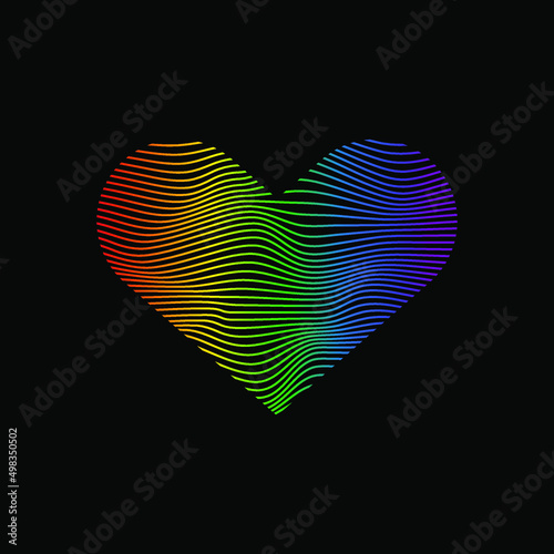 Dynamic line wave LGBTQ+ sexual identity pride concept. Rainbow colors in heart shape on black background