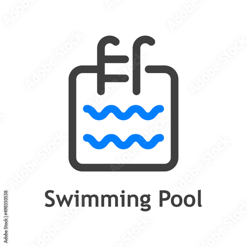 Logo con texto Swimming Pool. Icono plano con silueta de piscina de forma de cuadrado con olas con líneas en color azul y gris