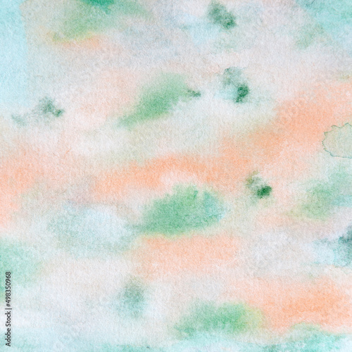 Watercolor background green coral peach an abstract handpainted design element for your projects.